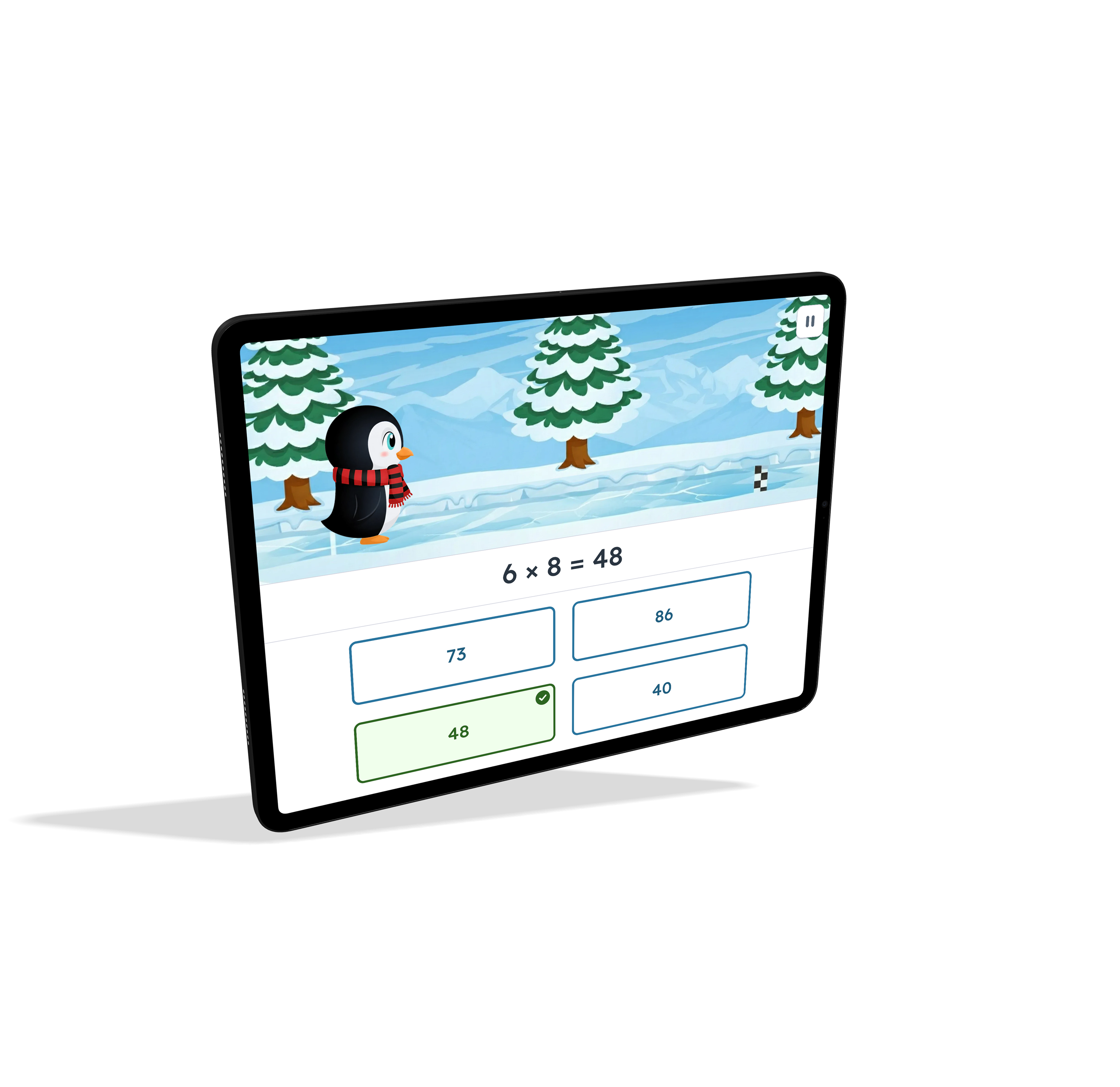 Penguin race trainer interface showing the same multiplication question in a winter theme